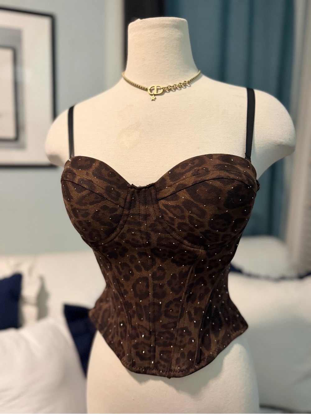 Leopard Print Bustier Corset Top with Rhinestones - S